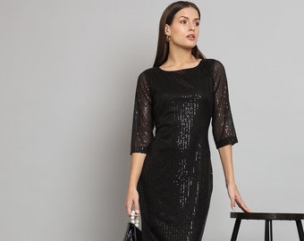 Vestido de fiesta de lentejuelas, vestido formal de punto para mujer, manga 3/4
