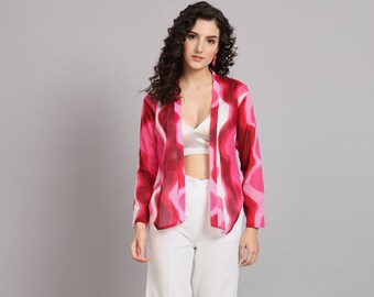 Abstract Printed Lightweight Cotton Open Front Jacket