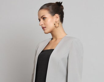 Blazer de solapa gris, abrigo elástico de manga larga para mujer