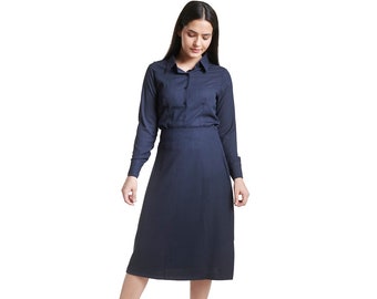Navy Blue Poly Moss A Line Skirt Suit
