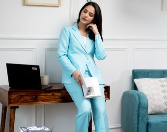 Sky Blue Pant Suit for Women, Dress Pant Suit,Plus Size Pant Suit, 2 Piece Blazer & Trouser, Business Formal Suit, Wedding Pant Suit