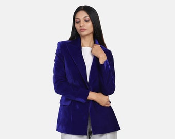 Blue Velvet Blazer Women , Winter Long Sleeve Coat, Jacket, Spring Collar Button Business Casual, Party, Office, Easter, Wedding Dress,