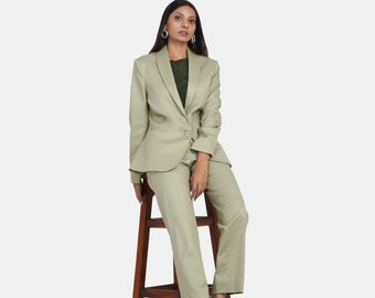 Sage Green Pant Suit for Women, Green Pant Suit, Two Piece Deep V Blazer & Trouser, Business Formal Pant Suit, Wedding Pant Suit