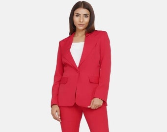 Red Stretch Pant Suit for Women, 2 Piece Deep V Blazer & Trouser Wrinkle Free, Wedding Coat Suit, Business Formal Suit, Tailored Office Suit