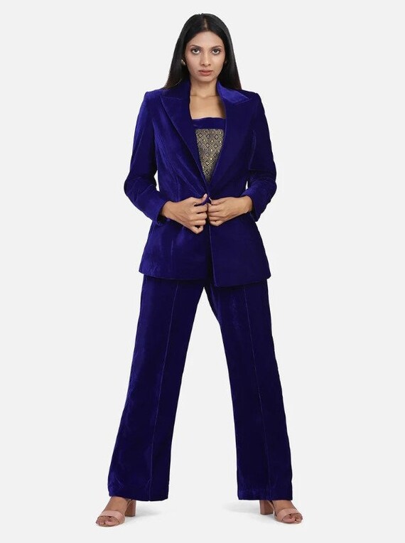 Women Navy Blue Velvet Pant Suit With Brocade Top 3 Piece - Etsy Canada
