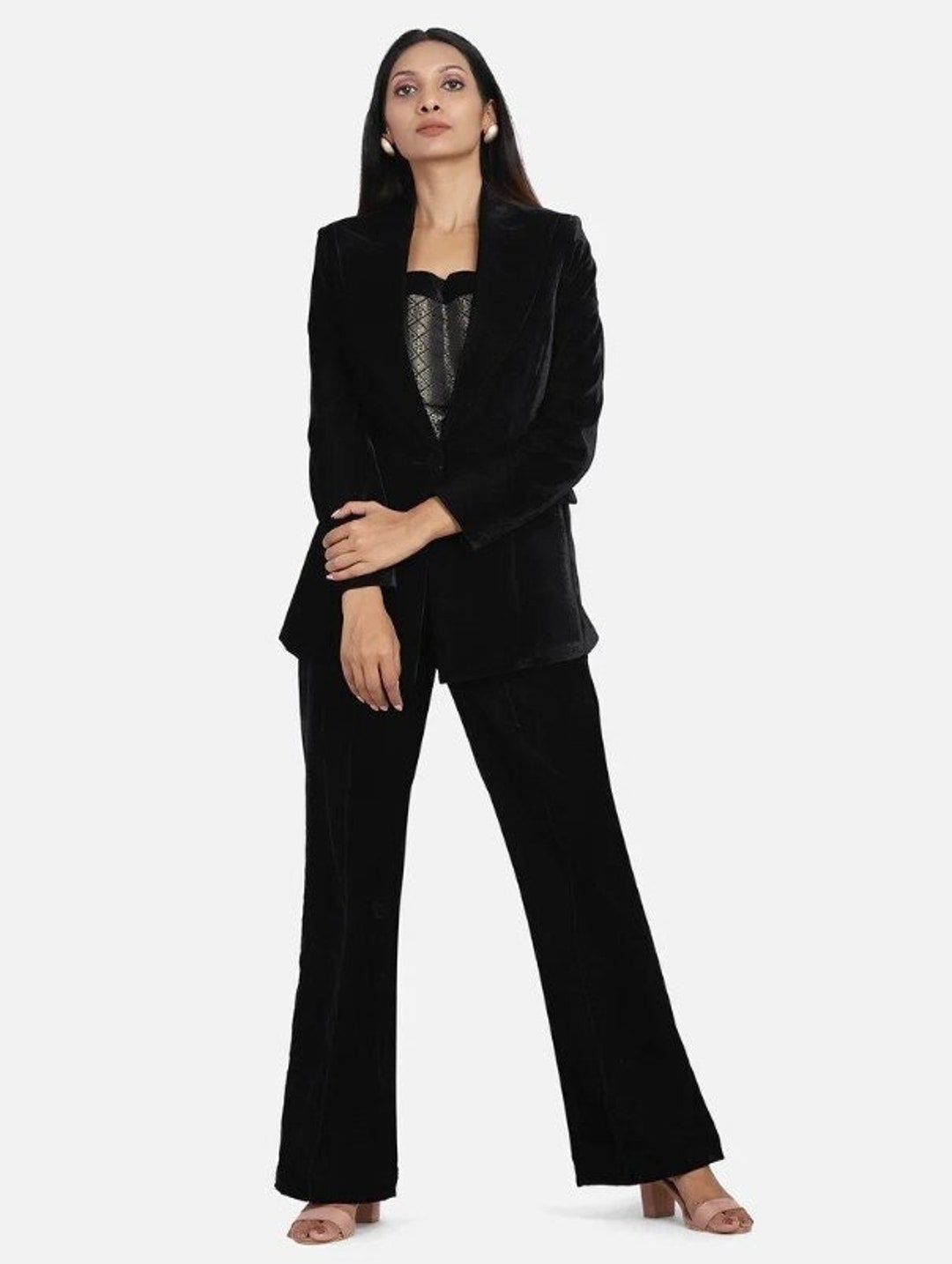 Women Black Velvet Pant Suit With Brocade Top 3 Piece Etsy