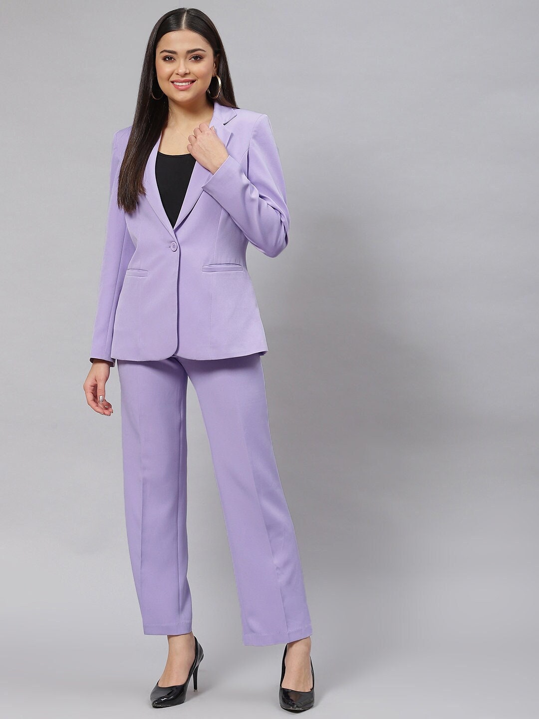 Lavender Stretch Pantsuit for Women, Two Piece Deep V Blazer
