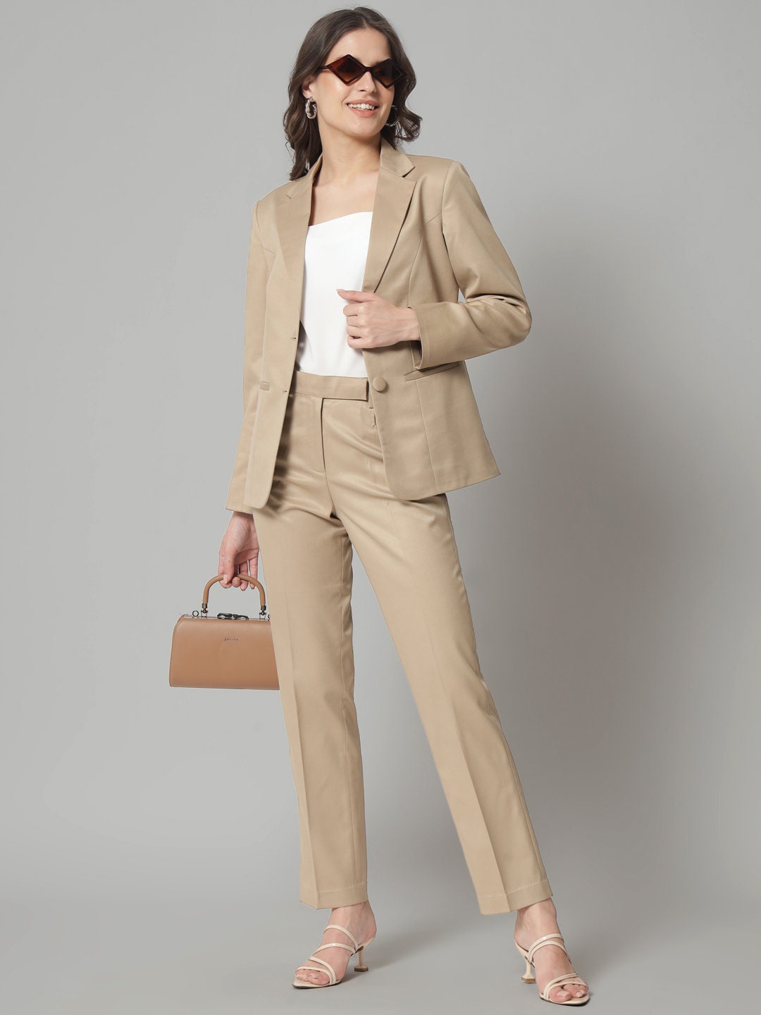 Buy Beige Pantsuit for Women 2 Piece Deep V Blazer Trouser