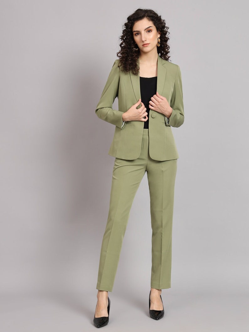 Olive Green Pantsuit for Women, 2 Piece Notchcollar Blazer & Trouser