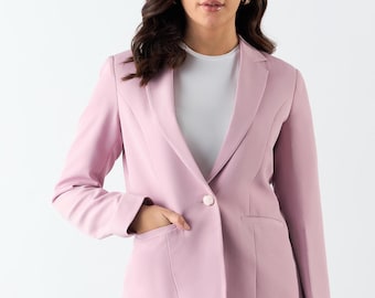 Blazer rosa de botonadura sencilla con solapa con muesca en tejido elástico