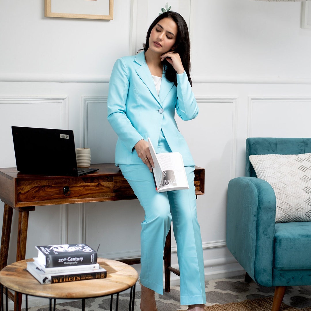 Sky Blue Pant Suit for Women, Dress Pant Suit,plus Size Pant Suit, 2 Piece Blazer & Trouser