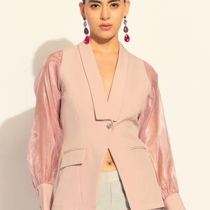 Può includere: Un blazer rosa chiaro con maniche a sbuffo trasparenti. Il blazer ha uno scollo a V, una chiusura con un solo bottone e due tasche anteriori. Le maniche sono di una tonalità di rosa più chiara. Il blazer è abbinato a pantaloni grigio chiaro.