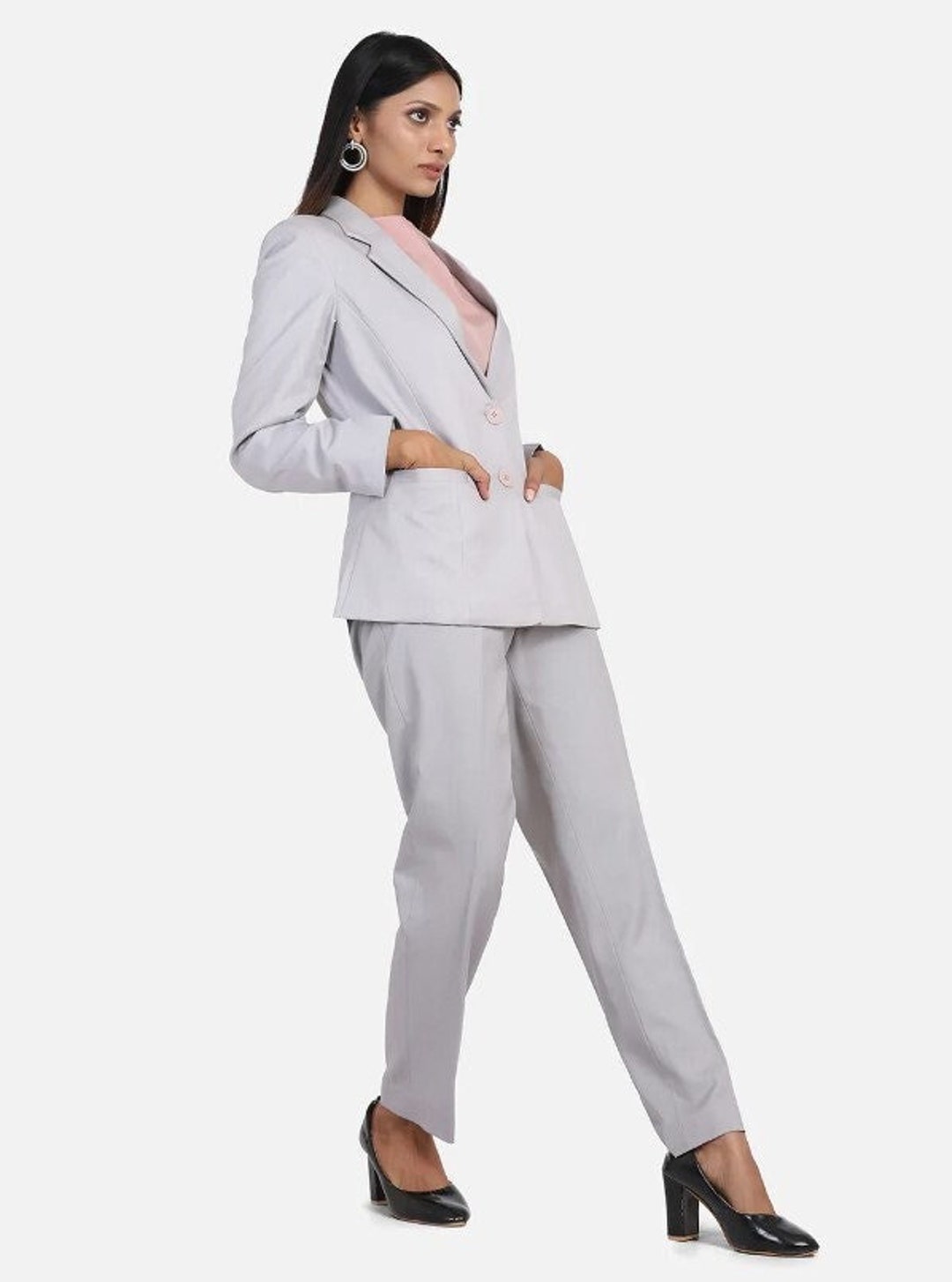 Women Grey Pantsuit, Women's Suit Set, Two Piece Suit, Business Formal