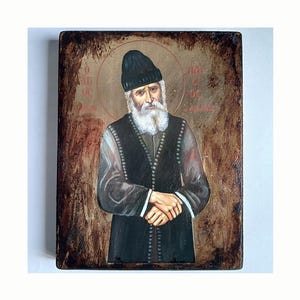 Saint Paisios of Mount Athos, Handmade Greek Icon Golden Leaves Plated, Orthodox Christian Aging Technique Icon, Religious Gift