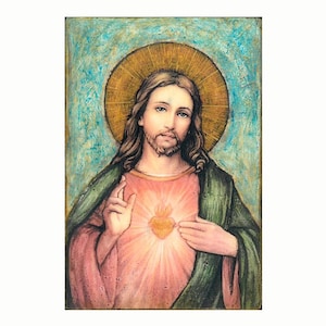 Jesus Sacred Heart Handmade Greek Icon, Religious Gift Icon 6&#39;&#39;X9&#39;&#39;in/15X22cm, Wedding Gift, Spirituality & Religion Wall Art Decor