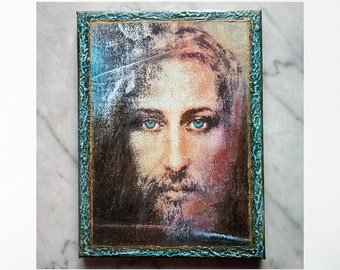 Jesus Christ Portrait, Jesus Christ Face from Shroud of Turin, Canvas Wall Art, Religious Gift Icon, Handmade Canvas Icon, Jesus Christ Icon