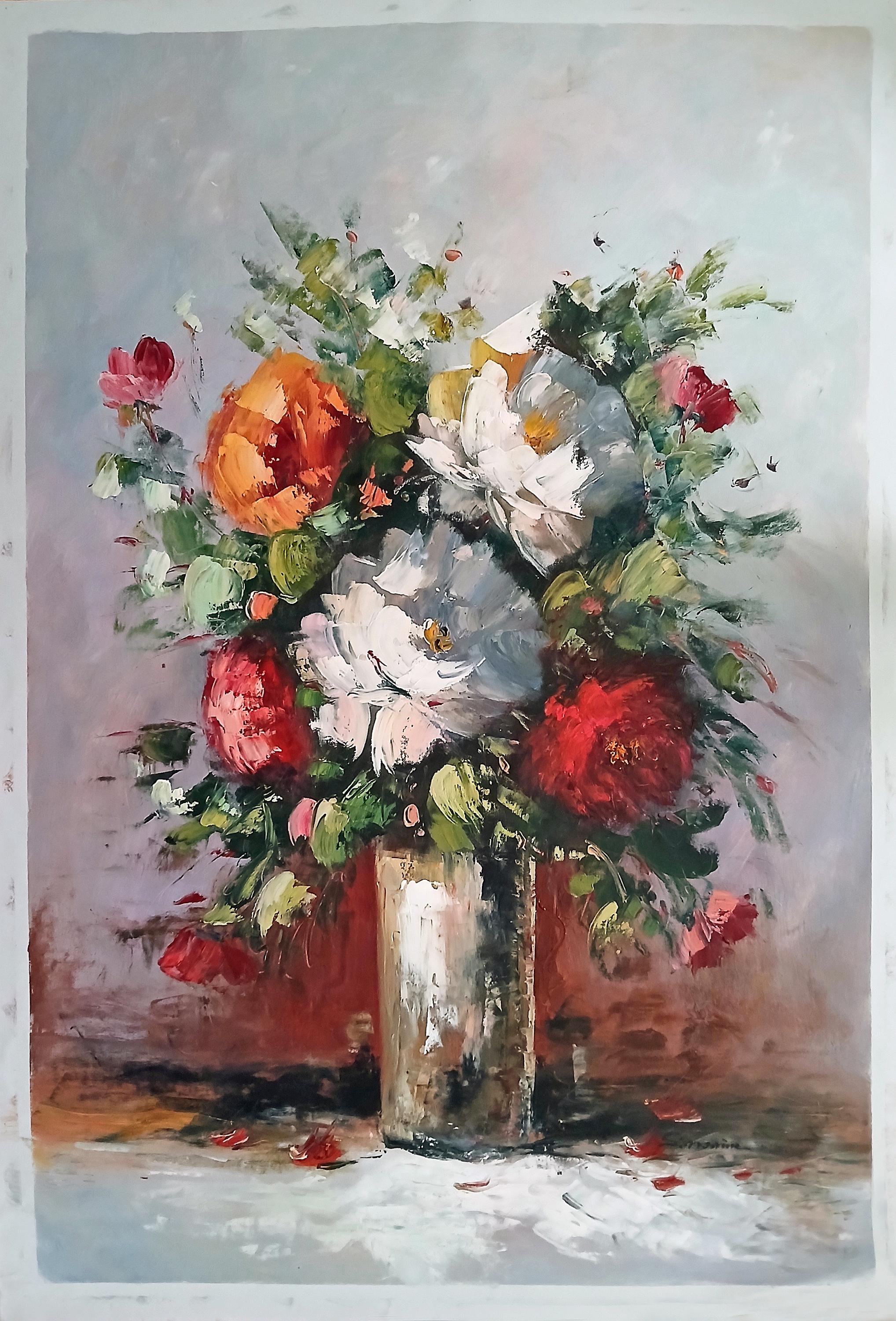 キャンバスに描かれた花の油絵、花瓶に入った花、24インチ×36インチ