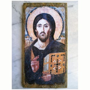 Gesù Cristo Pantocratore Sinai, icona greco-ortodossa fatta a mano, 8&#39;&#39;X16&#39;&#39;in/20 x 40 cm, icona spirituale fatta a mano di Gesù Cristo, arte murale religiosa