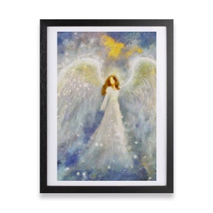 Op de afbeelding: Een aquarel schilderij van een engel met witte vleugels en een witte jurk. De engel staat in een blauwe en witte sterrenhemel.