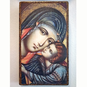 Virgin Mary Handmade Icon, Greek Orthodox Icon 7&#39;&#39;X12&#39;&#39;in/18X30cm,  Birthday Gift, Byzantine Christian Icon Handmade on Wood, Religious Gift