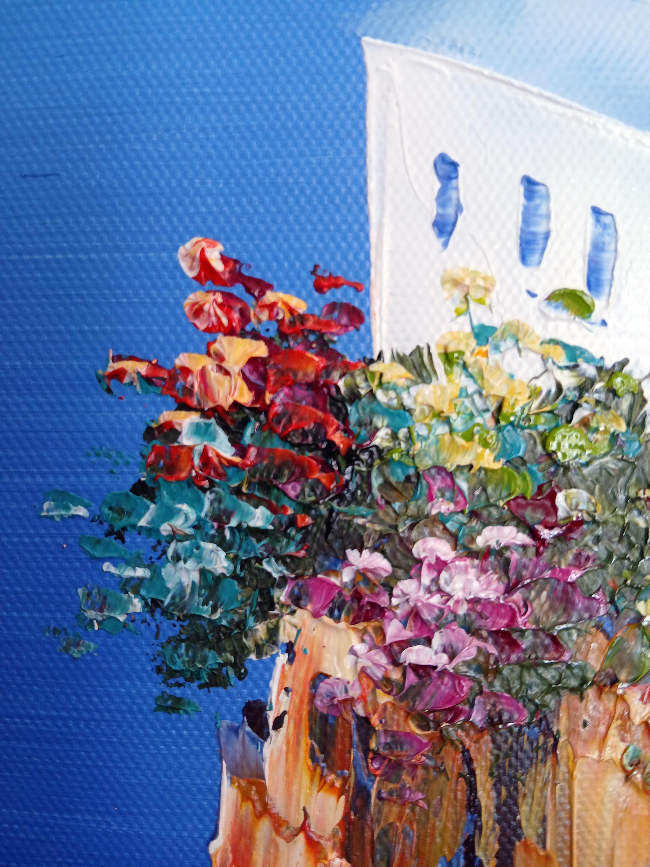 サントリーニ島 ギリシャ オリジナル油絵、36インチ×24インチ/90 x 60