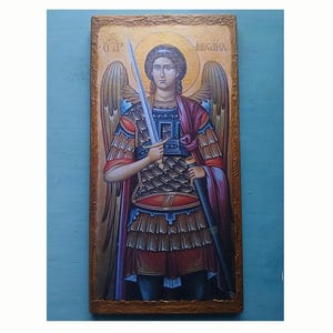 Arcángel Miguel, icono griego hecho a mano, 25 x 45 cm (10 x 18 pulgadas), icono ortodoxo del Arcángel, icono cristiano bizantino, icono de regalo religioso.