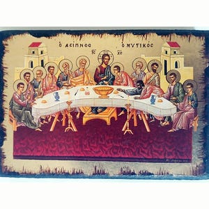 Last Supper Handmade Religious Icon, Greek Icon Aging Technique Golden Leaves Plated, Byzantine Orthodox Icon