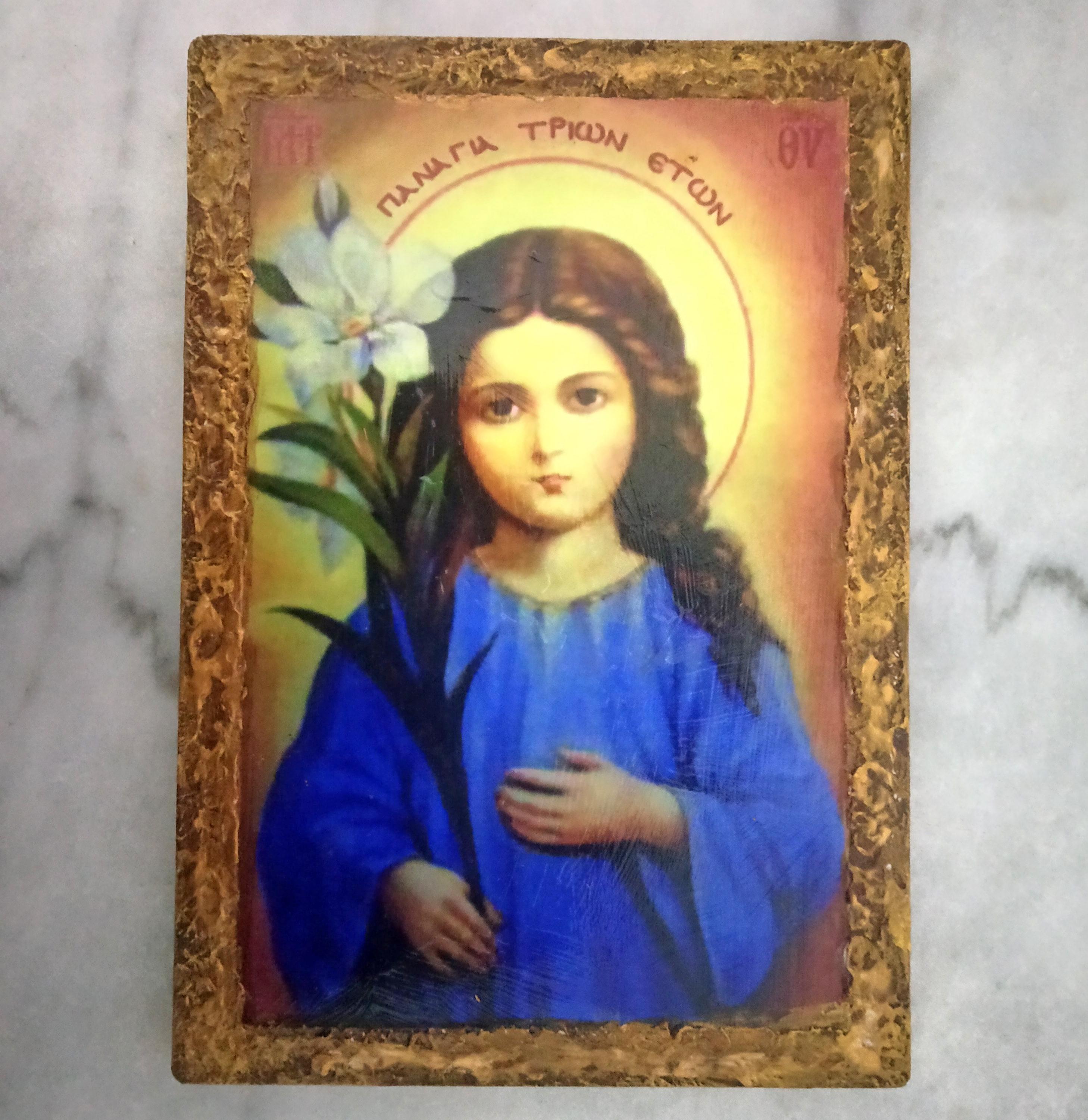 Handmade Young Virgin Mary Icon, Greek Orthodox Byzantine Wall Art