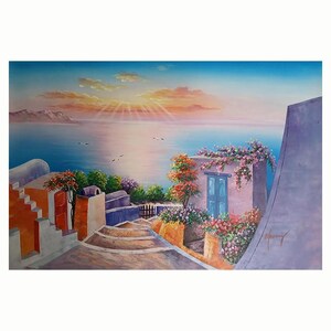 Greek Island Original Oil Painting, 36&#39;&#39;X24&#39;&#39;in/90X60cm, Handmade Painting, Original Seascape Painting Rolled up