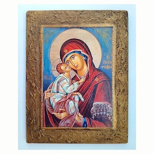 Virgen María Glikofilousa, icono griego hecho a mano, 20 x 25 cm, icono ortodoxo de Panagia, icono cristiano bizantino, icono de regalo religioso.