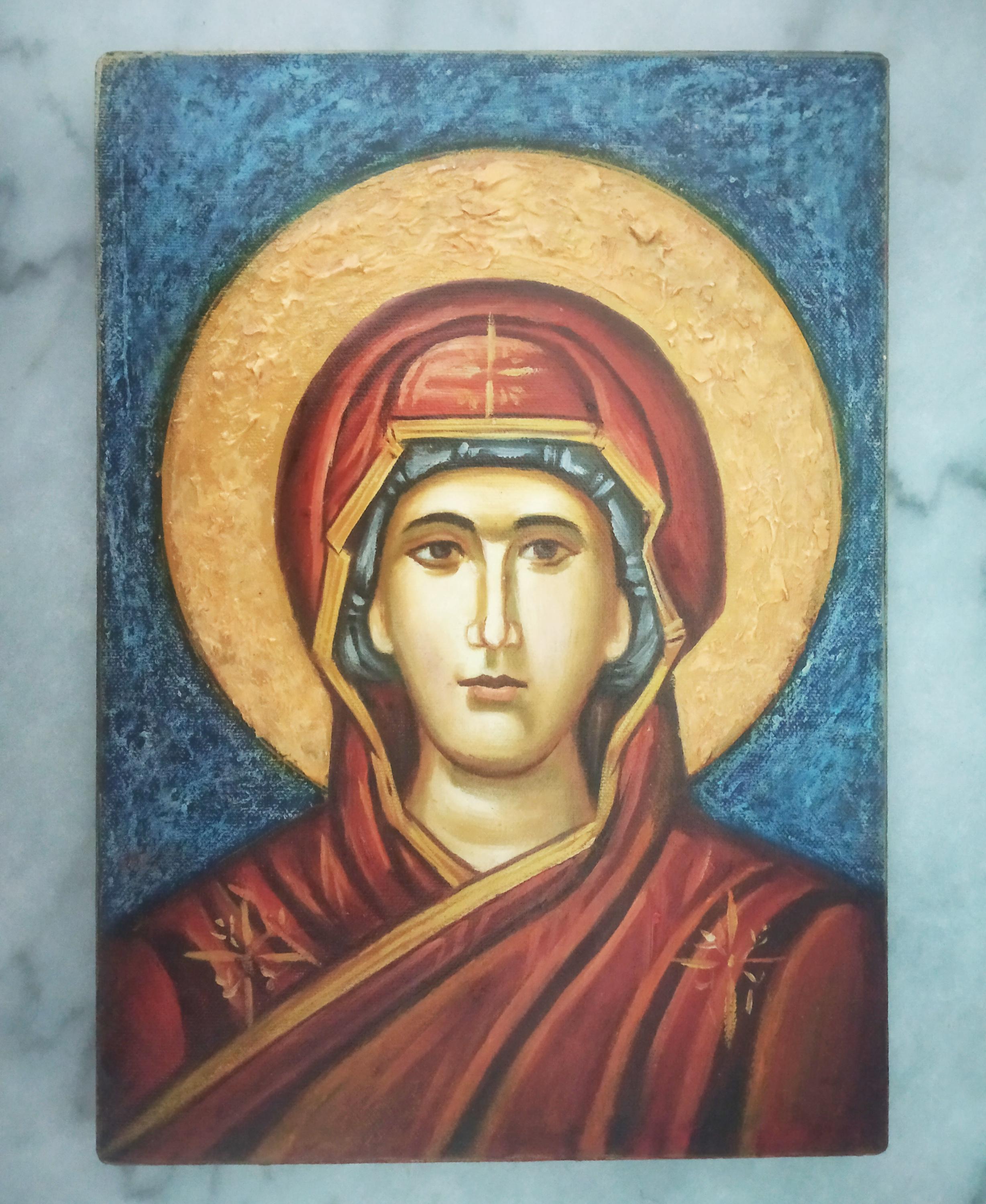 手描きの聖母マリア像、ギリシャ正教ビザンチン美術（10インチ×12