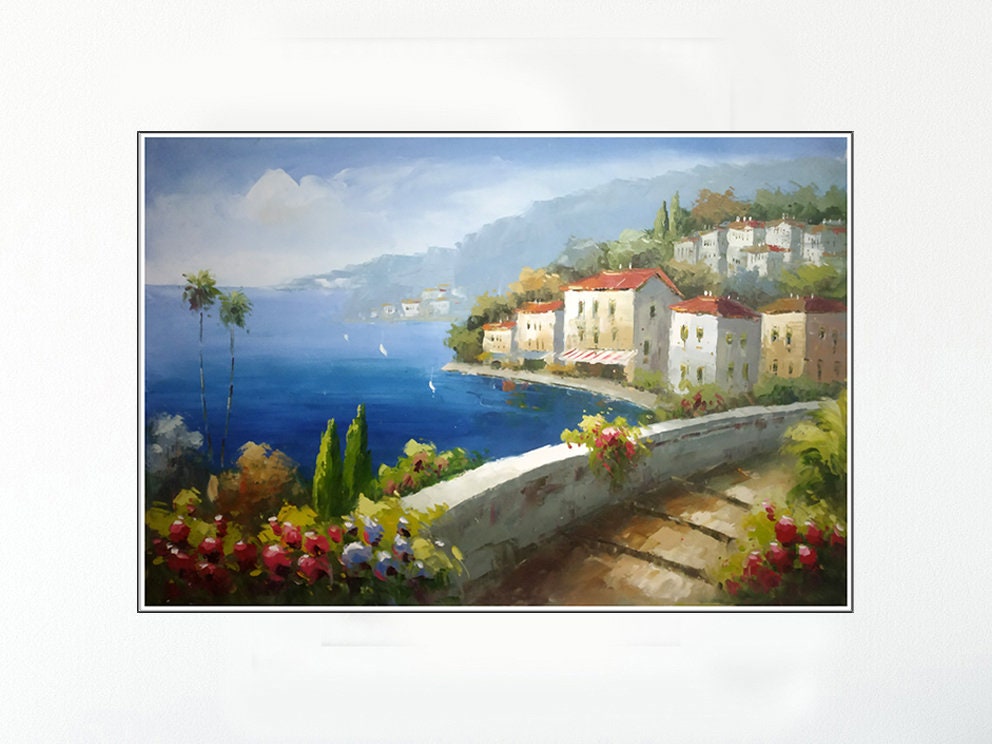 Original Greece Island Oil Painting, Coastal Cityscape Wall Art