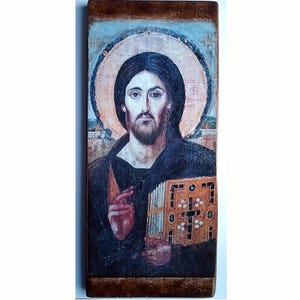 Gesù Cristo Pantocratore Sinai, icona greco-ortodossa fatta a mano, 7&#39;&#39;X16&#39;&#39;in/17 x 40 cm, icona spirituale fatta a mano di Gesù Cristo, arte murale religiosa