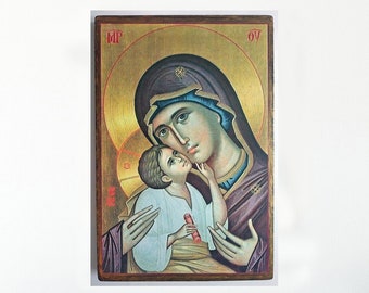 Virgin Mary Handmade Icon, Greek Orthodox Icon, Birthday Gift, Byzantine Christian Icon Handmade on Wood, Religious Gift