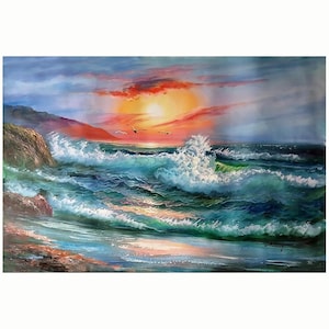 Peinture à l&#39;huile de paysage, peinture originale de coucher de soleil des îles grecques, 36 x 24 pouces/90 x 60 cm, peinture de coucher de soleil faite main, peinture de paysage marin, art mural