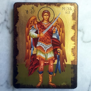 Archangel Michael Handmade Icon Golden Leaves Plated, Aging Technique Religious Byzantine Orthodox Icon Religious Gift