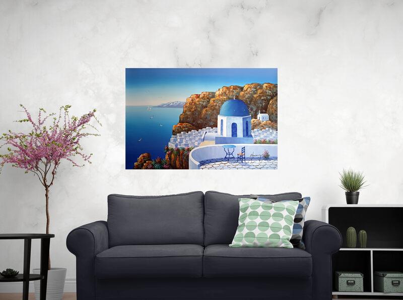 サントリーニ島 ギリシャ オリジナル油絵、36インチ×24インチ/90 x 60