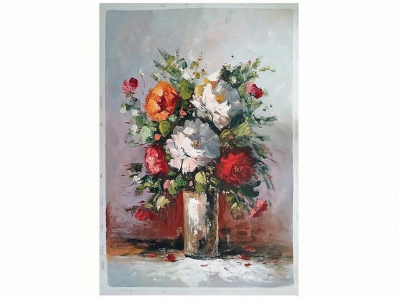 花瓶の中の花の油絵、美しい花の絵画、24インチ×36インチ/60 x 90 cm