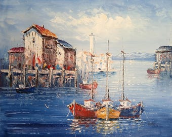 サントリーニ島の海景油絵：ギリシャの島の芸術、青い海（14-18分