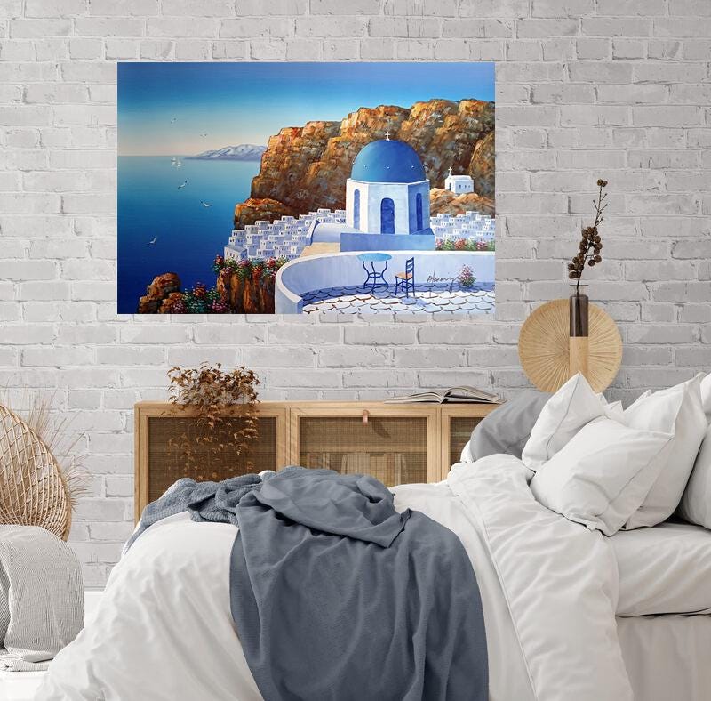 油彩 サントリニ島　約63x53cm サントリーニ島 ギリシャ オリジナル油絵、36インチ×24インチ/90 x 60