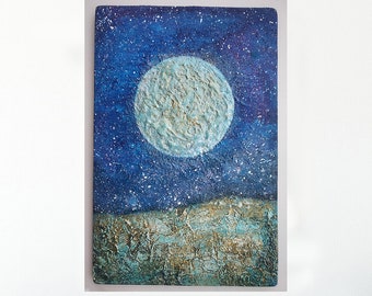 Landscape Moonlight Painting Handmade Art, Moon Original Painting, Mixed Media Art Painting Gift, Painting on Wood, Wall Art Decor