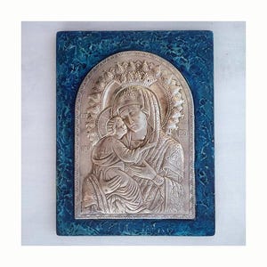 Virgin Mary and Jesus Metallic Vintage Icon, 7&#39;&#39;X9&#39;&#39;in/17X22cm, Handmade Vintage Icon, Religious Gift Icon, Above Office Art