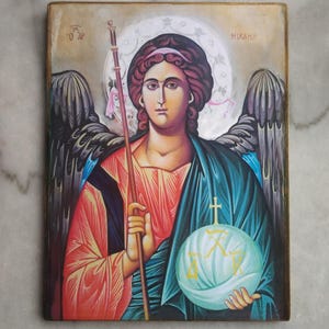 Ícono hecho a mano del Arcángel Miguel, icono ortodoxo griego de 20 x 26 cm, regalo religioso del Arcángel Miguel, decoración espiritual para pared.