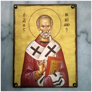 Saint Nicolas Portrait, Handmade Greek Icon, 8''X10''in/20X25cm Aging Technigue, Religious Gift Icon, Above Office Art Gift for Him