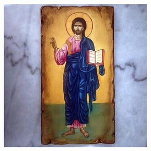 Jesus Christ Blessed Handmade Greek Icon, Hagiography Orthodox Byzantine Icon, 6&#39;&#39;X12&#39;&#39;in/16X30cm, Religious Gift Wall Decor