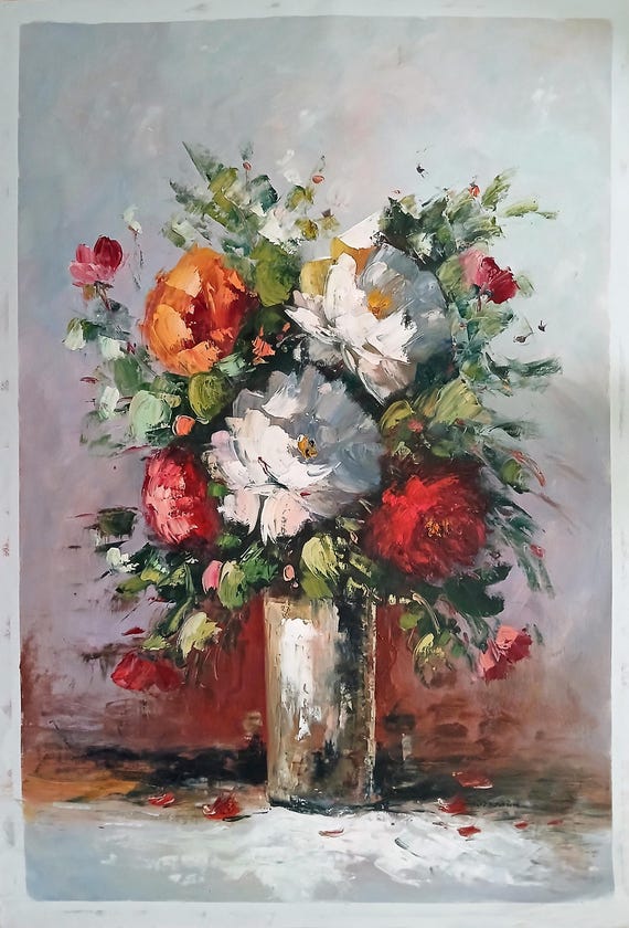 花瓶の中の花の油絵、美しい花の絵画、24インチ×36インチ/60 x 90 cm