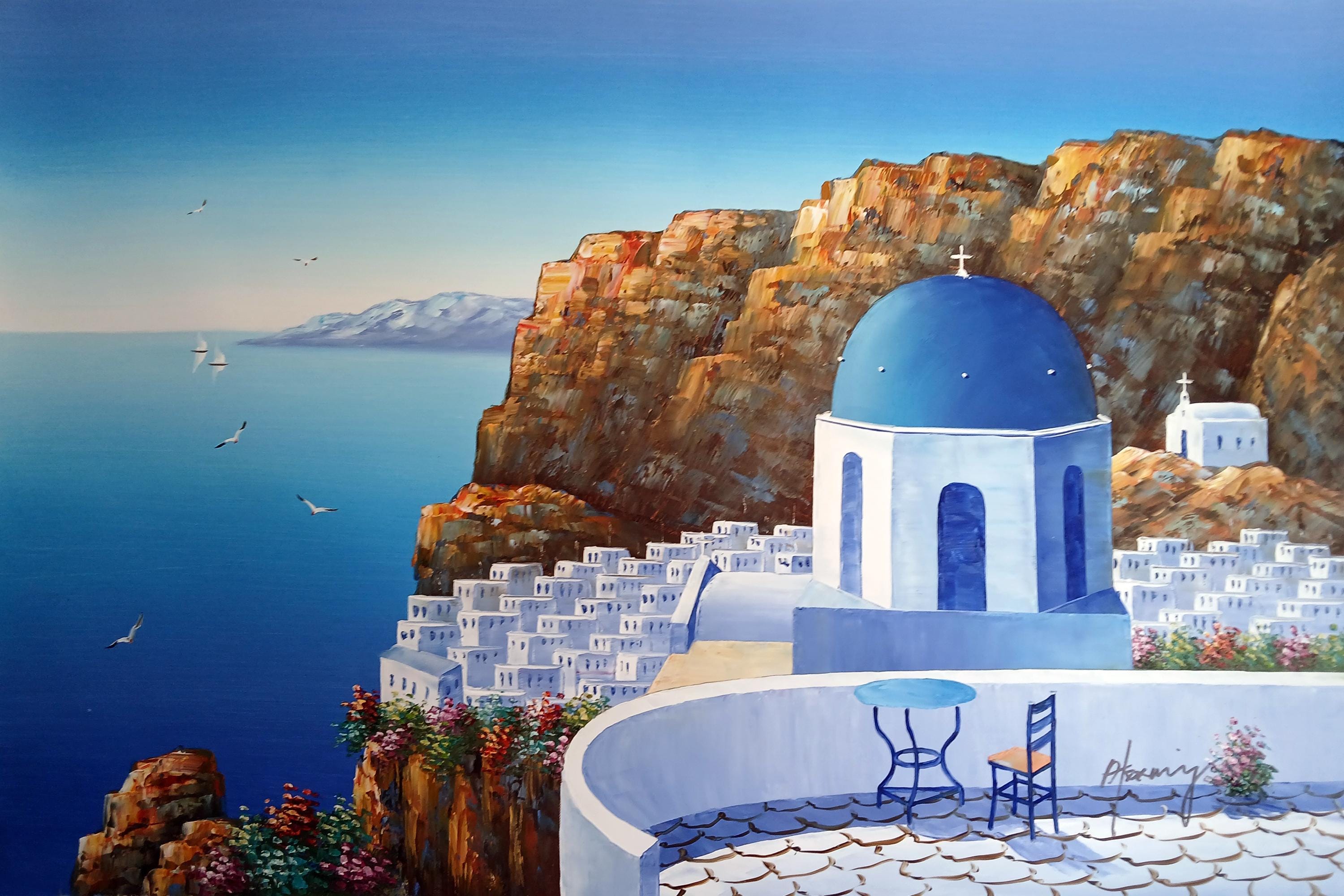 油彩 サントリニ島　約63x53cm サントリーニ島 ギリシャ オリジナル油絵、36インチ×24インチ/90 x 60