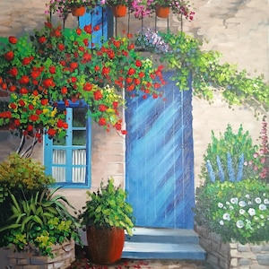 Greece Santorini Painting Original Art 24&#39;&#39;X20&#39;&#39;in/60X50cm, Cityscape Painting Greece City Art  Original Art Oil Painting