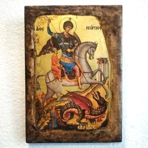 Saint George Vintage Handmade Icon, Saint George Portrait, Aging Technigue, Religious Gift Icon, Above Office Art Gift for Him