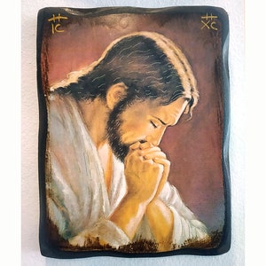 Jesus Christ Prayer Icon, Jesus Christ Portrait, Handmade Greek Icon, Aging Techigue, Religious Gift Icon, Wedding Gift, Above Office Art